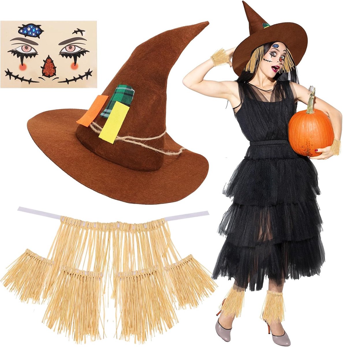 Halloween Vogelverschrikker Kostuum Vrouwen - 7 stuks Vogelverschrikker Kostuum Accessoires Set met Vogelverschrikker Hoed Raffia Vogelverschrikker Stro Kit Gezichtsdecoratie voor Volwassenen