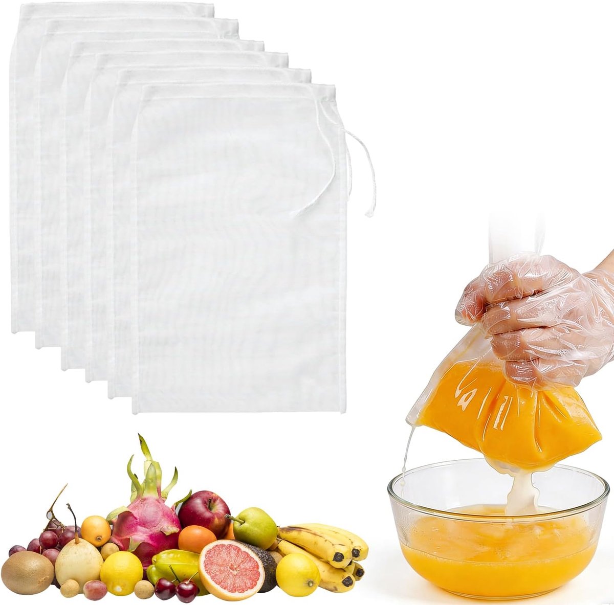 Set van 6 Herbruikbare Notenmelkzakken, Fijnmazige Zeefdoek van Nylon, Wasbare Filterzakken met Trekkoord voor Notenmelk, Kaas, Koffie, Kwark en Sap (20 x 30 cm)