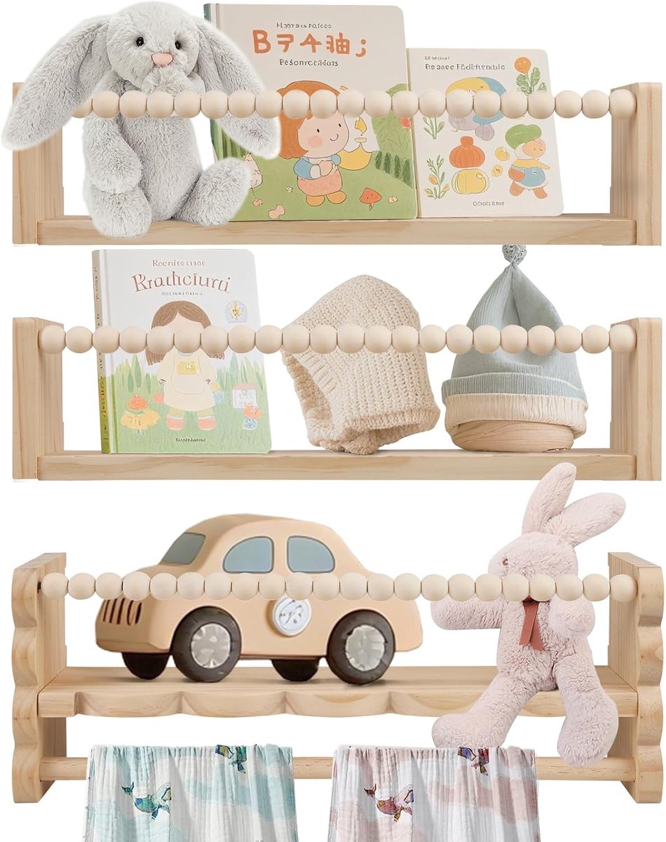 Wandrek voor kinderkamer, 40 cm, 3 stuks, boekenrek, wolkenset, houten wandrek, boeken, zwevende planken voor babykamer, kinderkamer, decoratie