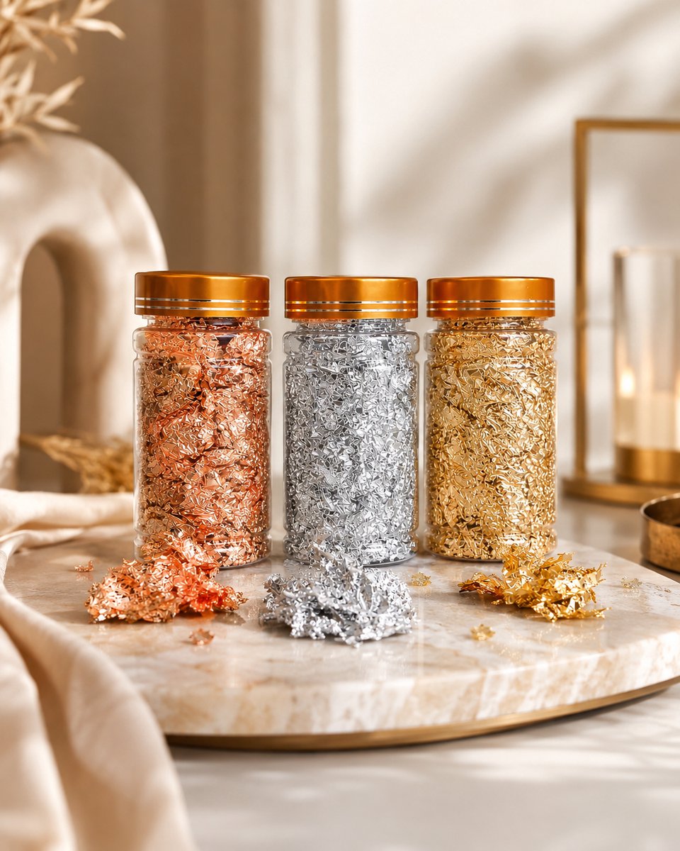ZoeZo Folie vlokken Set 15 gram - Imitatie Bladgoud - Voor Nail Art en Knutselen - 3 Flesjes van 5 gram - Hobbypapier - Goud Zilver en Koper