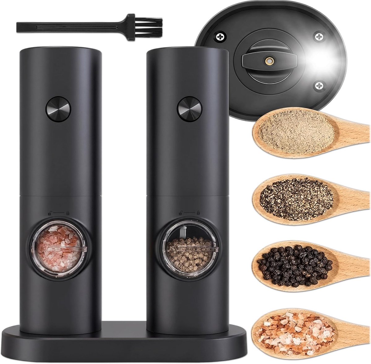 Zout- en pepermolen, elektrisch, set van 2, grinder set, elektrische kruidenmolen met instelbare maalsterkte, peper- en zoutmolen, modern design, veilig malen, voor specerijen, zwart