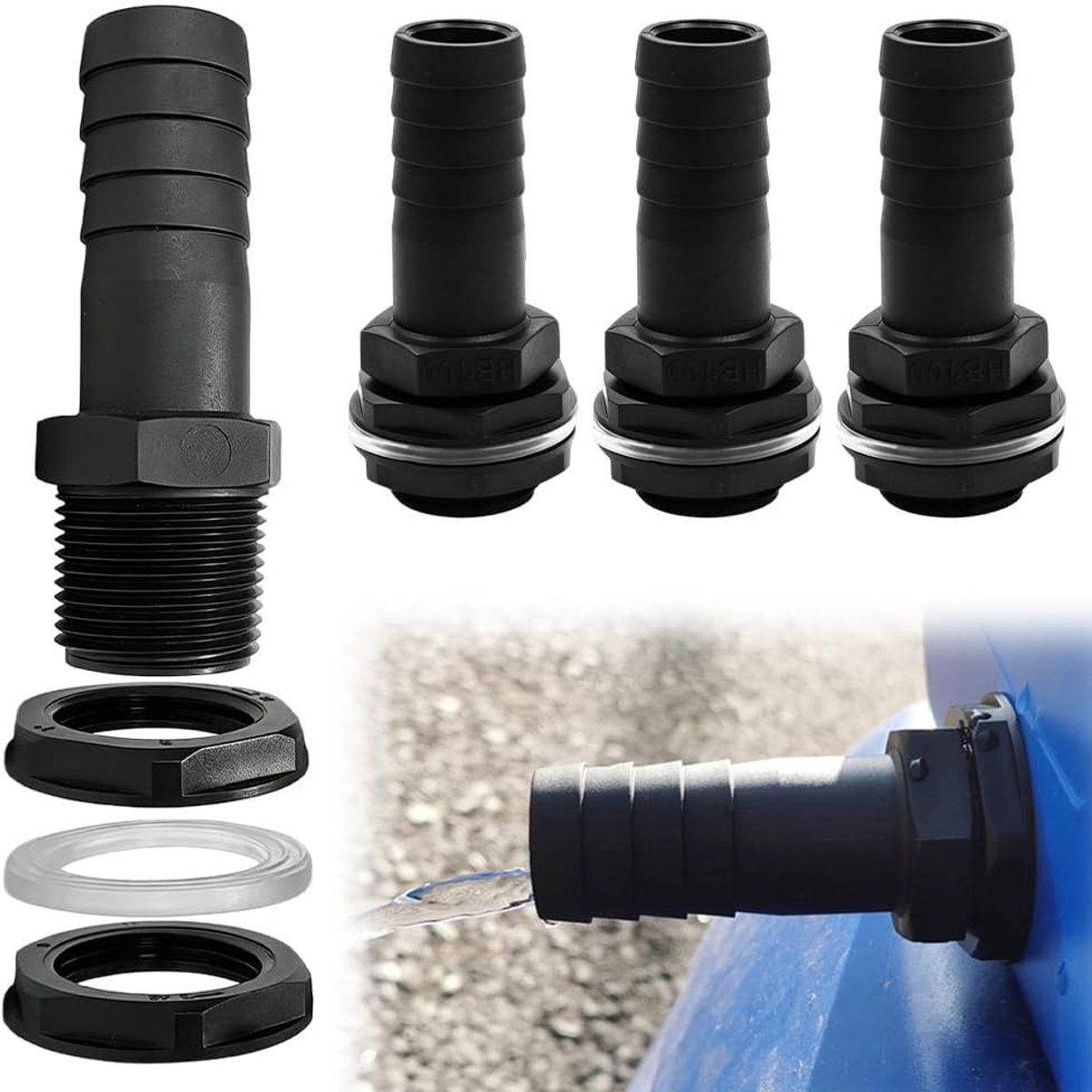Mizikuu 4 stuks tankdoorvoer, 1 inch buitendraad, regentondoorvoer met 25 mm slangtuit, kunststof regentonverbinders voor regenton, regentonverbinders