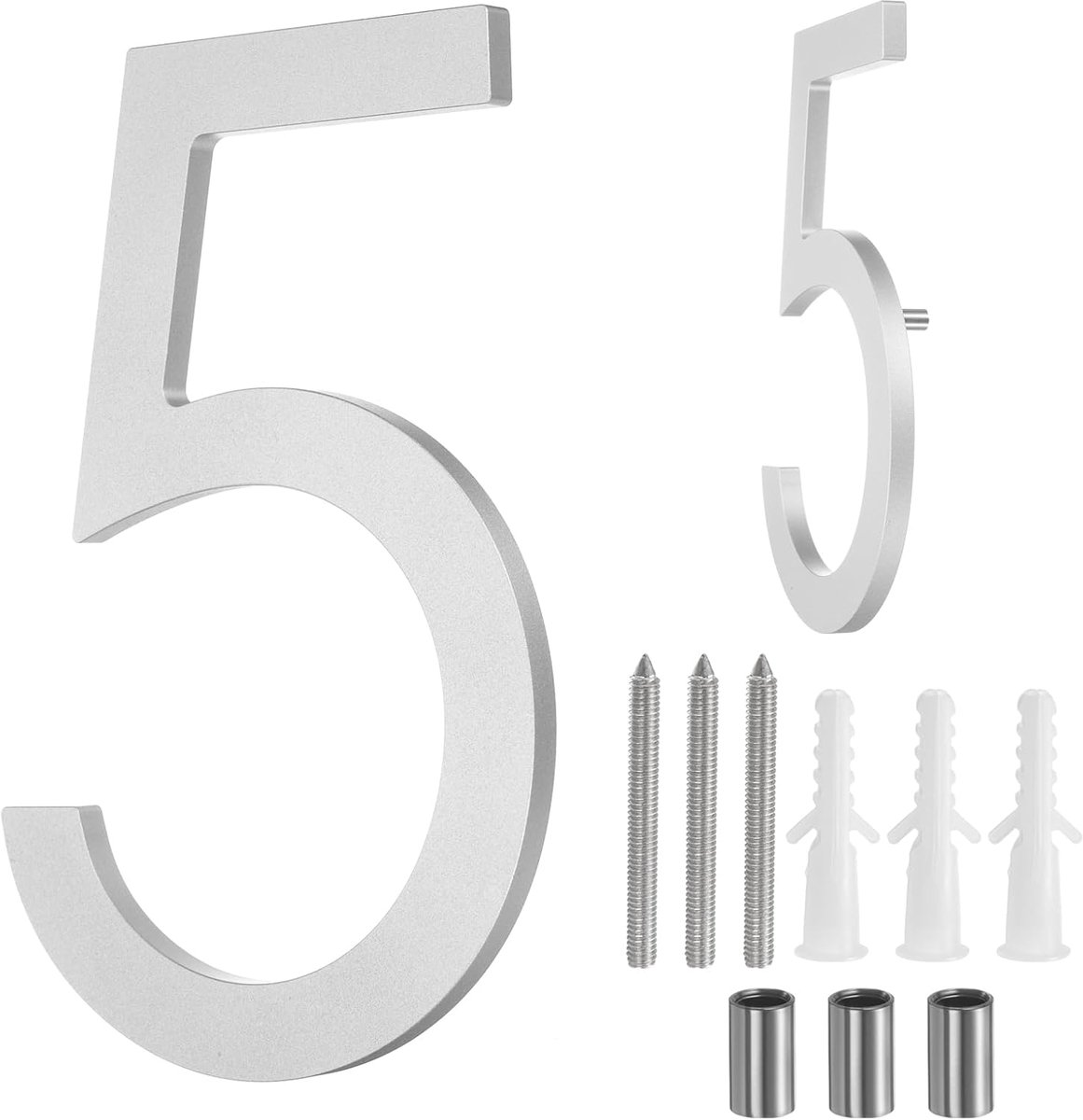 Huisnummers, 20 cm, modern adresnummer, van massief aluminium, voor buiten, met nagelkit, voor huis, straat, kantoor, brievenbus (nummer 5, zilver)