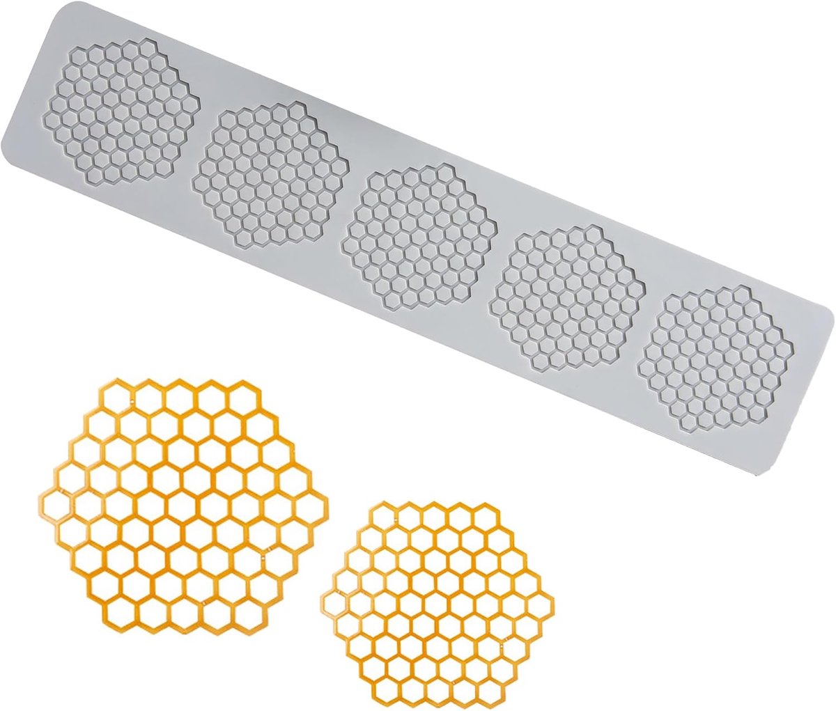 Mat, kant, honingraat, 5 holtes, 6,2 x 6,7 cm, fondantpers voor de decoratie van taarten, decoratie van borden van suikerpasta, motief met kant