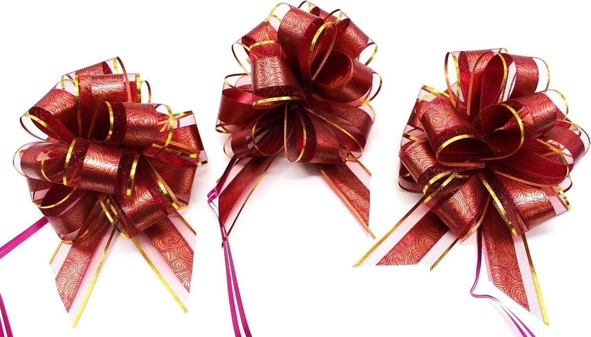 18 cm grote trekstrik, grote trekband, trekband, polyband, decoratieve strik, cadeaustrik voor geschenken voor zakjes, suikerzakken, knutselen, decoreren, versieren (bordeaux gouden rand, 3