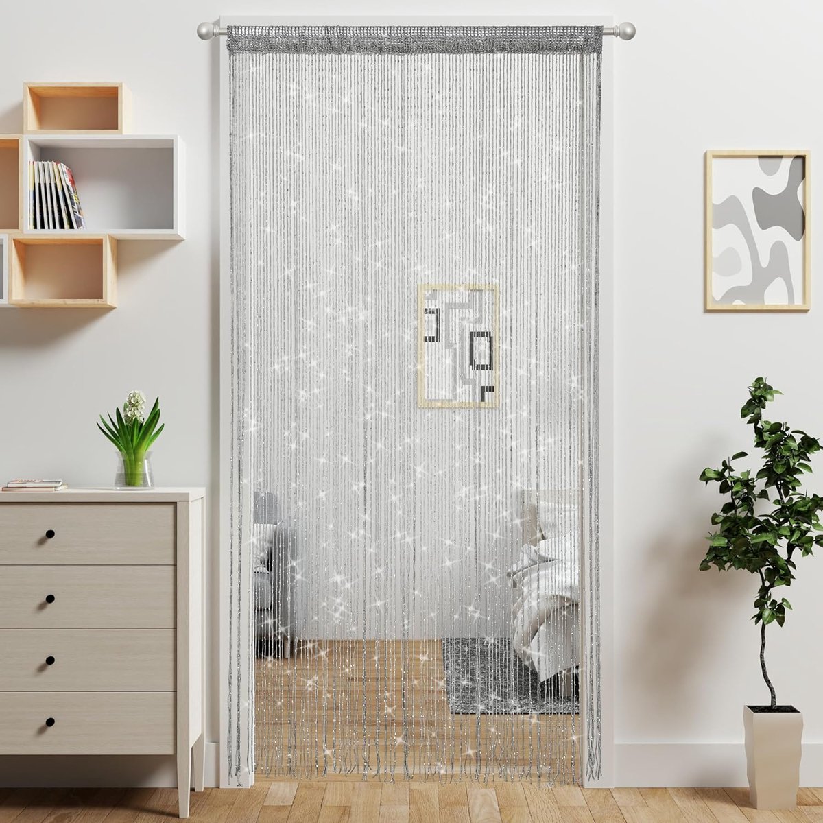 Draadgordijn touwgordijn 100 x 200 cm deurgordijn (zilver)