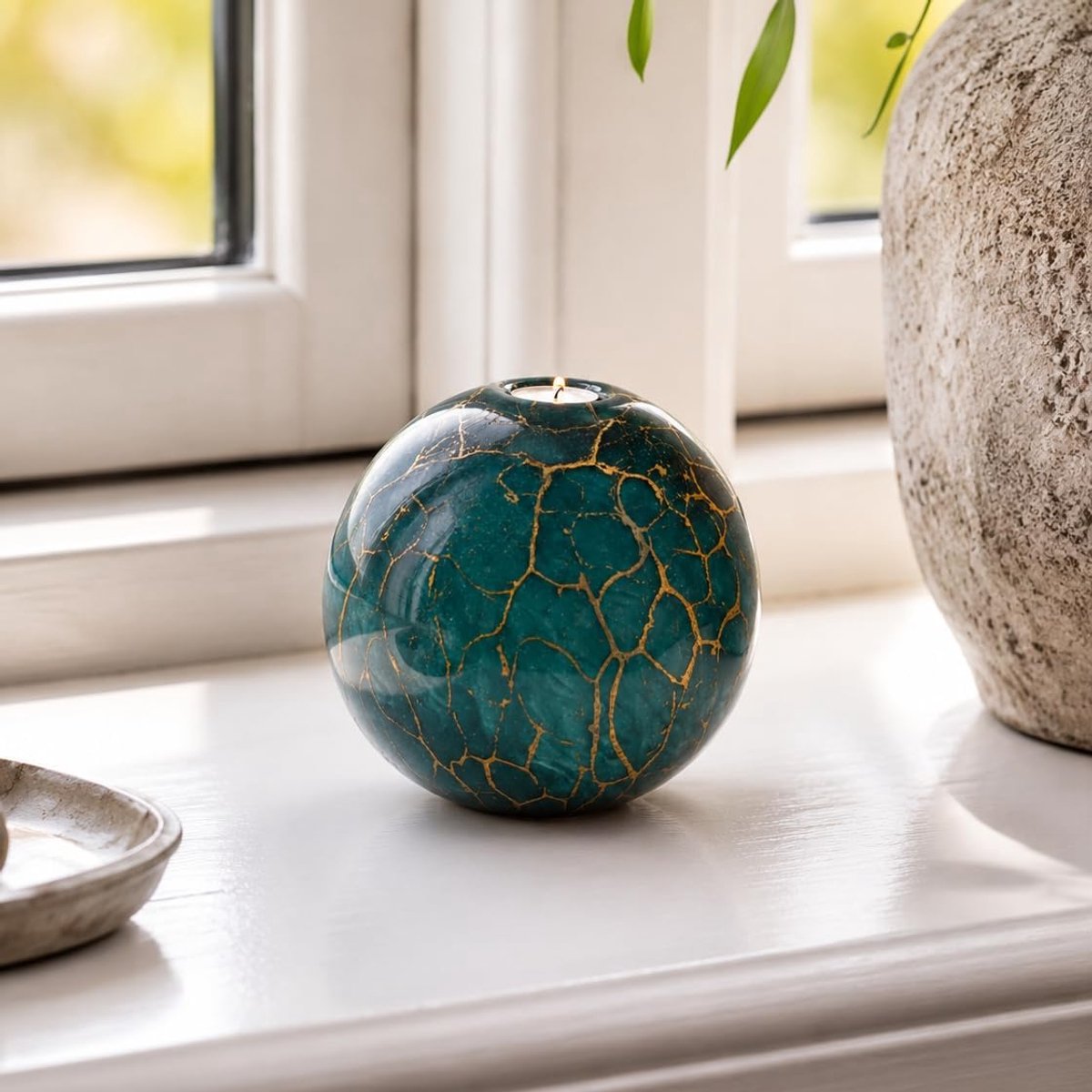 Urn waxinelichthouder 1,6L - Groen met bladgoud - 18cm - unieke handgemaakte theelichthouder - SnelShoppen