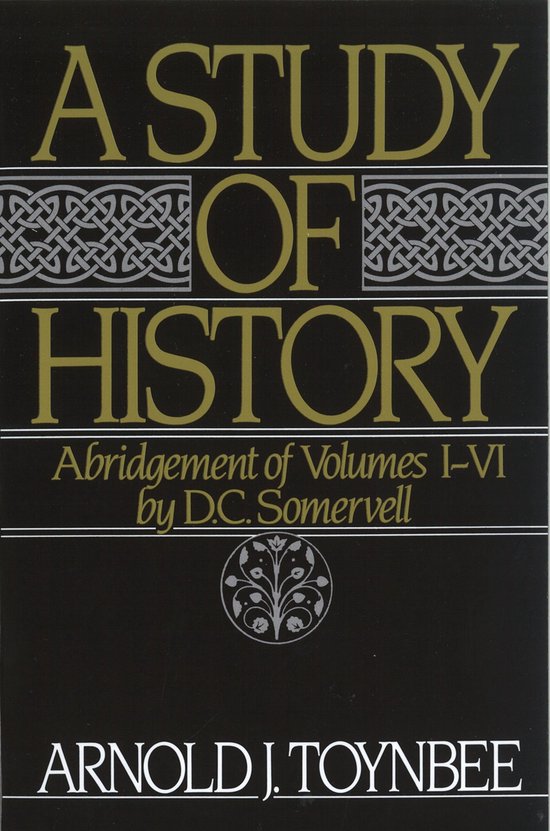 Couverture du livre "A Study of History" avec des lettres dorées et des décorations celtiques.