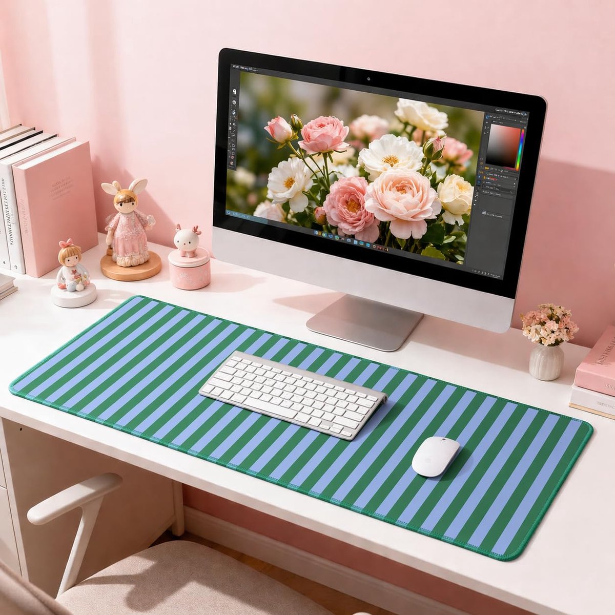 Muismat XXL 800 x 300 mm - Zartrosa gestreept - Antislip bureauonderlegger - Ideaal voor gaming - SnelShoppen