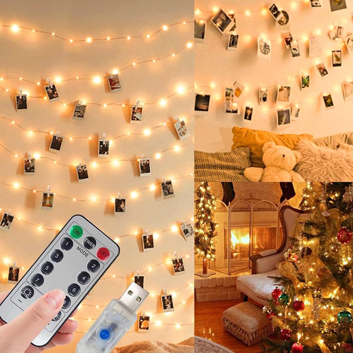 Lichtslingers met fotoclip, 100 leds, 10 m, koperdraad, hangende lichtslinger, met afstandsbediening, USB of batterij, decoratie voor slaapkamer, Kerstmis, bruiloftsfeest (50 clips en 25 nagels, warm