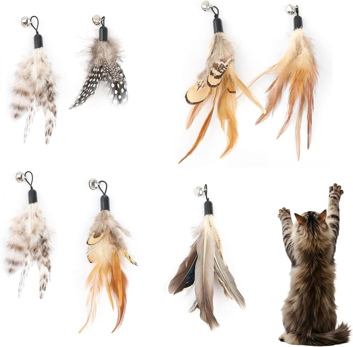 8 stuks kattenveren vullingen voor katten, natuurlijke veervullingen en duurzame kattentoverstaf teaser-hulpstukken voor oefeningen en verveling