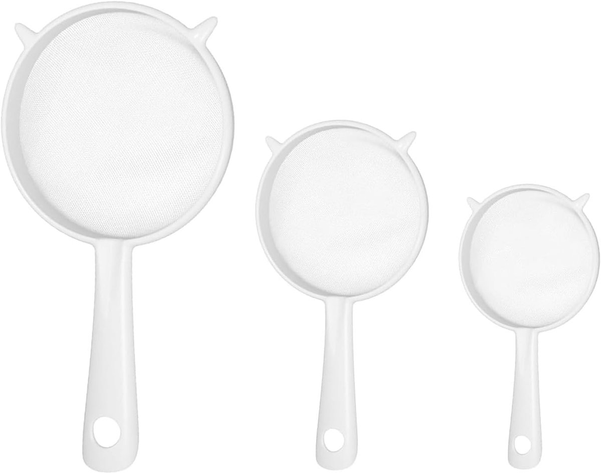 3 stuks plastic zeef, kunststof zeef, plastic zeef met handvat, fijne zeef, keukenzeef, fijne zeef, keuken, 3 maten, voor kefir, sap, poedersuiker, thee, koffie, notenmelk, meelzeef