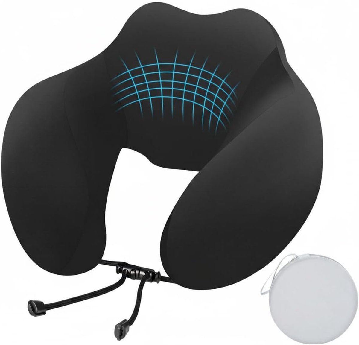 Reiskussen, nekkussen, vliegtuig, U-vormig, 360 graden, ergonomische ondersteuning met traagschuim, verstelbaar trekkoord met harde etui voor vliegtuig, auto, trein, zwart