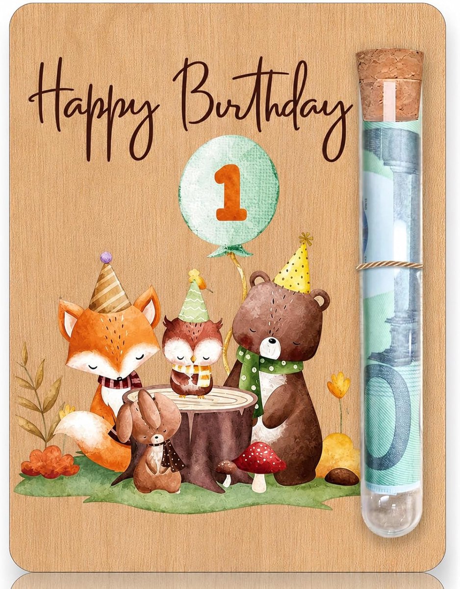 Geldgeschenk 1e verjaardag jongen hout 13x10cm kaart met reageerbuis en doos diermotief grappig cadeau 1 jaar jongen houten wenskaart voor neef kleinkind zoon geldverpakking decoratieve set