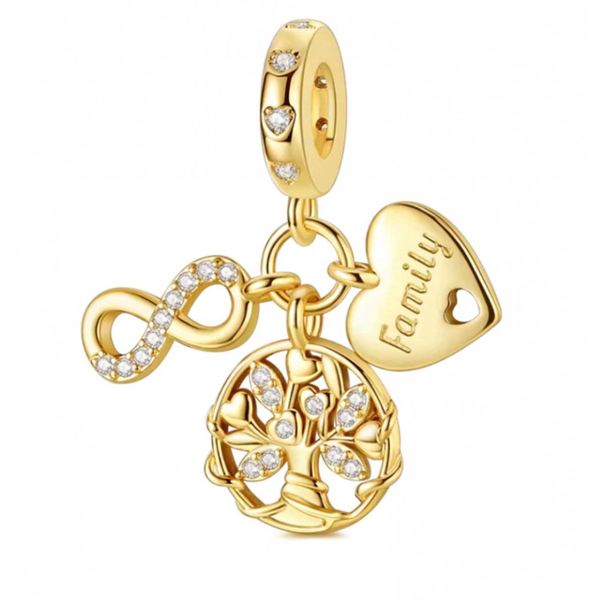 Fler® | Bedel | Past op populaire bedelarmbanden (standaard - 3mm) | Familie Bedel met Levensboom, Infinity en Hart | Hangbedel Charm | 925 sterling zilver | Transparante zirkonia | | Armband Kraal | Valentijnsdag Cadeau | Sinterklaas kado | Kerst