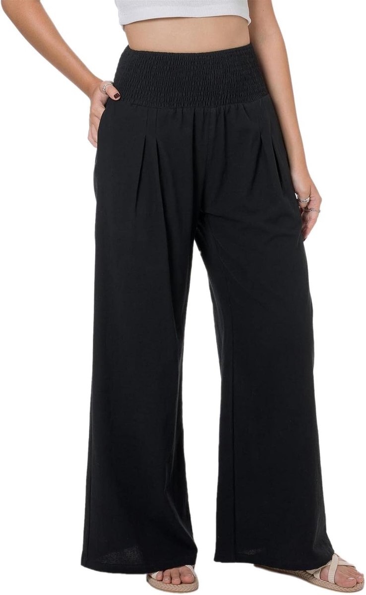 Palazzo Zomerbroek voor dames, vloeiend katoen, linnen, wijde broek, strand, hoge taille, boho, lange loungebroek met zakken