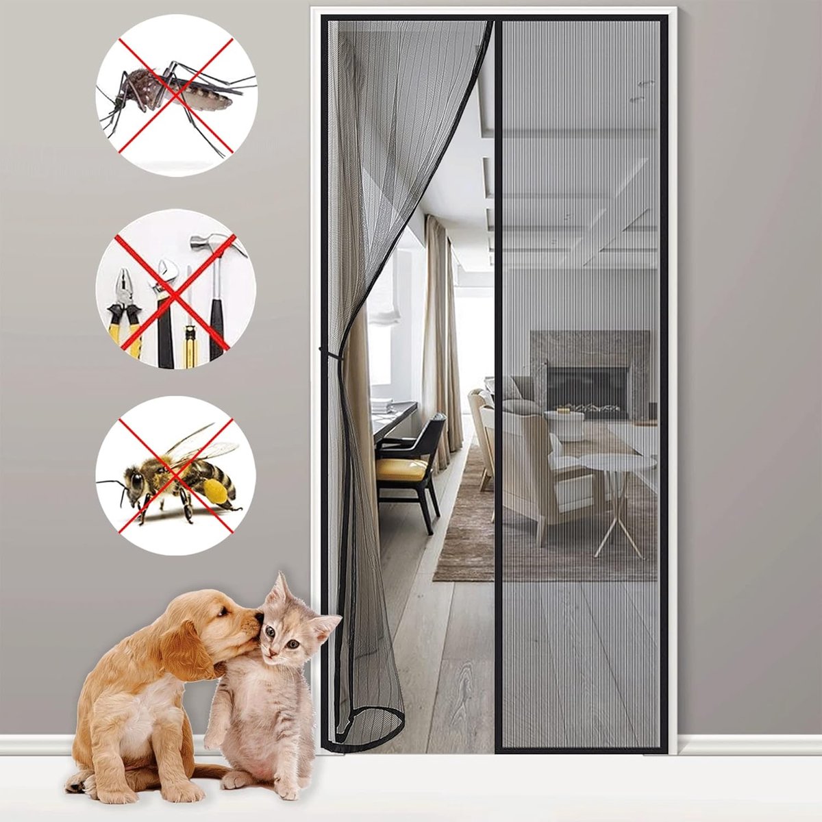Magnetic Door Screen, 100x180cm Magnetic Screen Door Mesh Curtain for Patio Glass French Balcony,Keep Mosquitoes Flies,Easy Install No Drilling Black