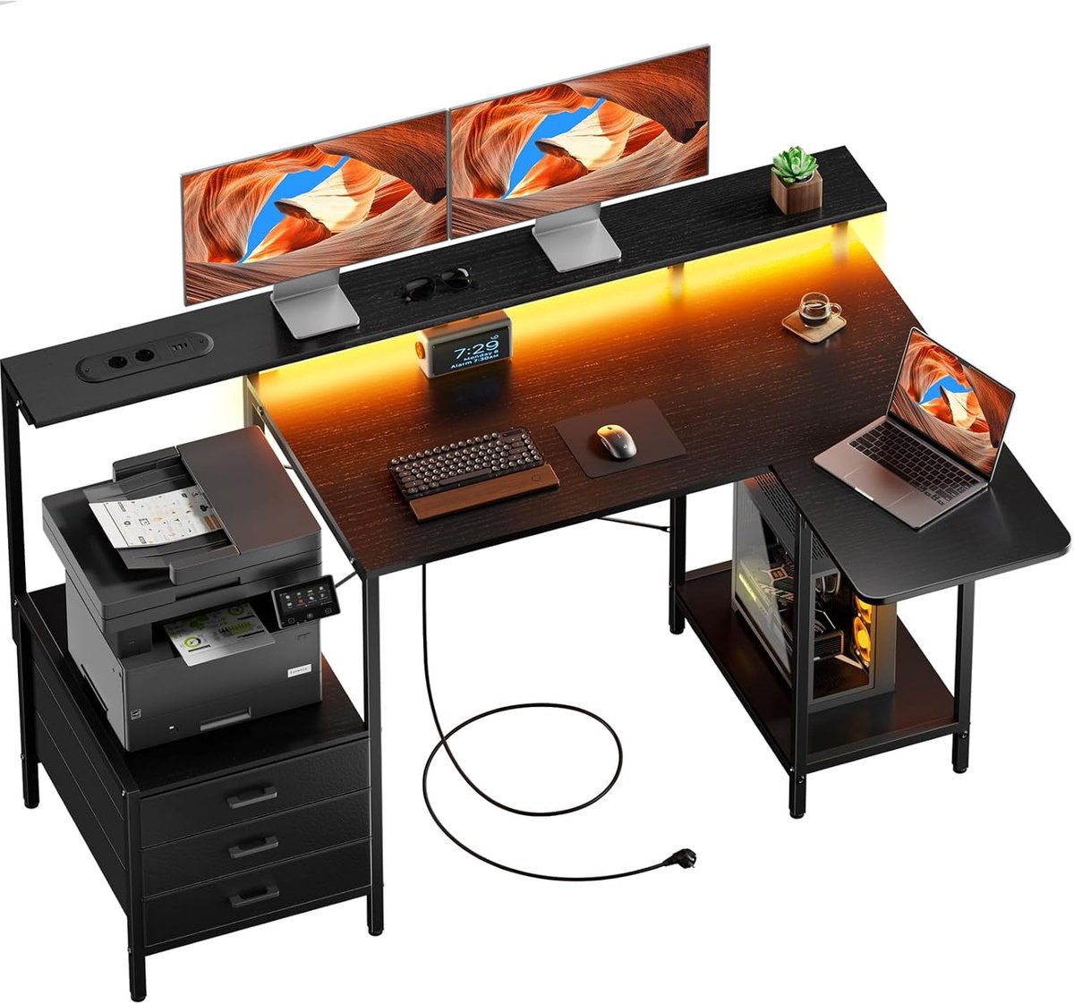 L-vormig Bureau met LED en Stopcontacten, Opvouwbaar Tafelblad | 2 Stopcontacten, 3 USB-poorten, 3 Stoffen Laden, Opbergplanken, Monitorstandaard voor Thuiswerken en Gaming, Zwart