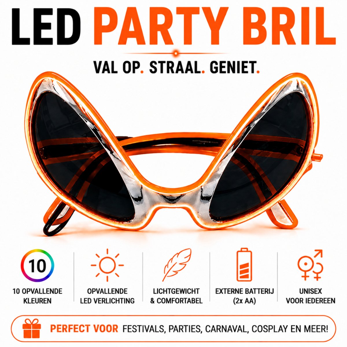 GlowAlien LED Bril – Festival & Party Bril – Koningsdag & Carnaval – Oranje Licht – 3 Lichtmodi