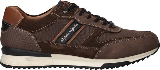 Bruine leren en suède sneaker met zwarte veters en 'Australian Australian' logo op de zijkant.