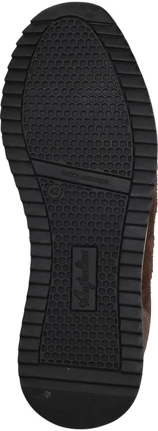 Onderkant van een bruine sneaker met 'Australian' logo en 'Shock Absorber' tekst.