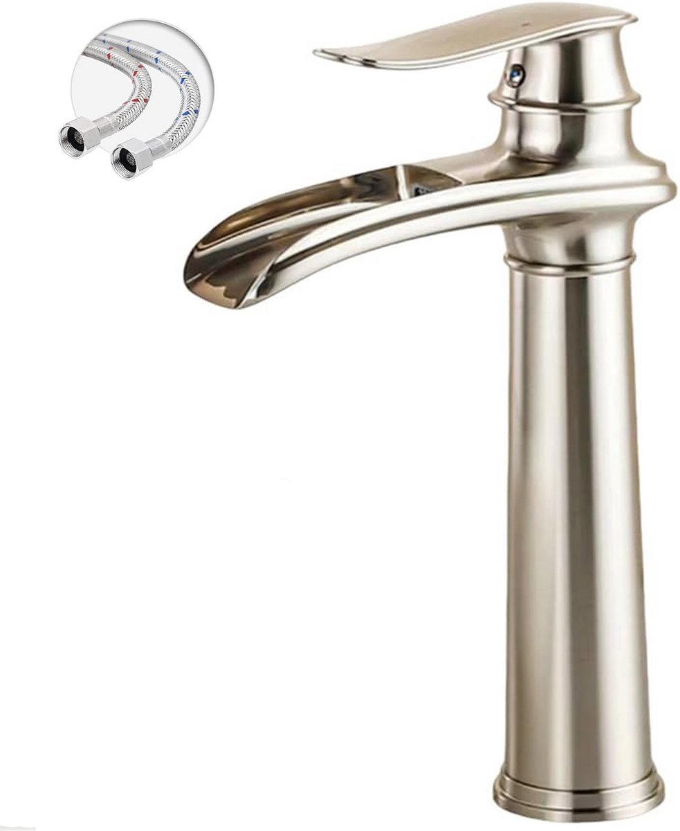 KZQ Waterkraan Badkamer Wastafelkraan Modern Badkamerkraan Wastafelmengkraan Waterval Badkamer Kraan Eengreepsmengkraan Warm En Koud Verstelbare Wastafelarmatuur - Hoog Model - Nikkel Geborsteld