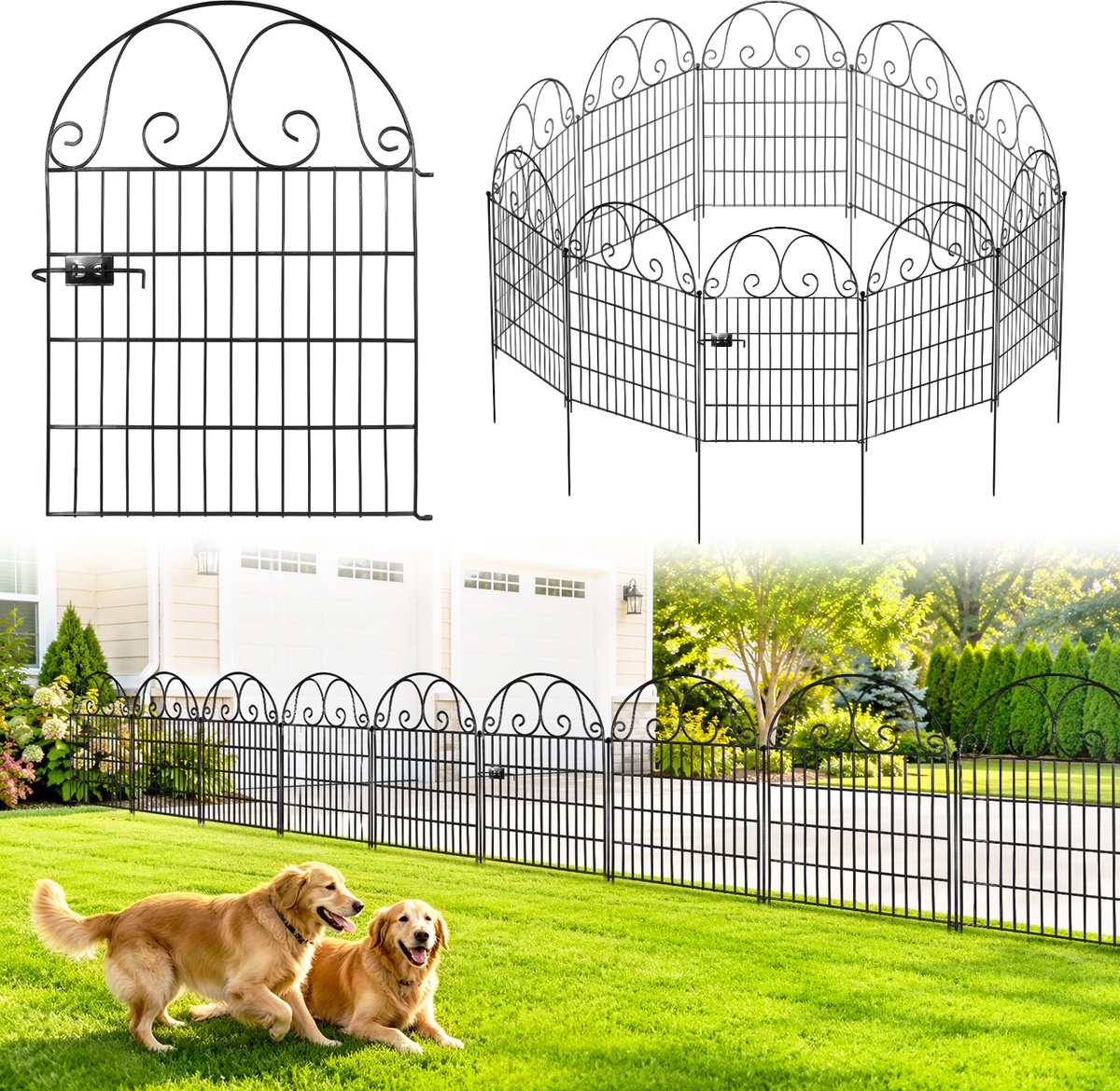 Tuinhek Metaal - Hondenhek, Dierenhek en Tuinomheining 12-Delig, 11 Panelen + 1 Poort, 68x135 cm, Decoratief Hekwerk voor Tuin Terras Gazon - Zwart - Lemonmax