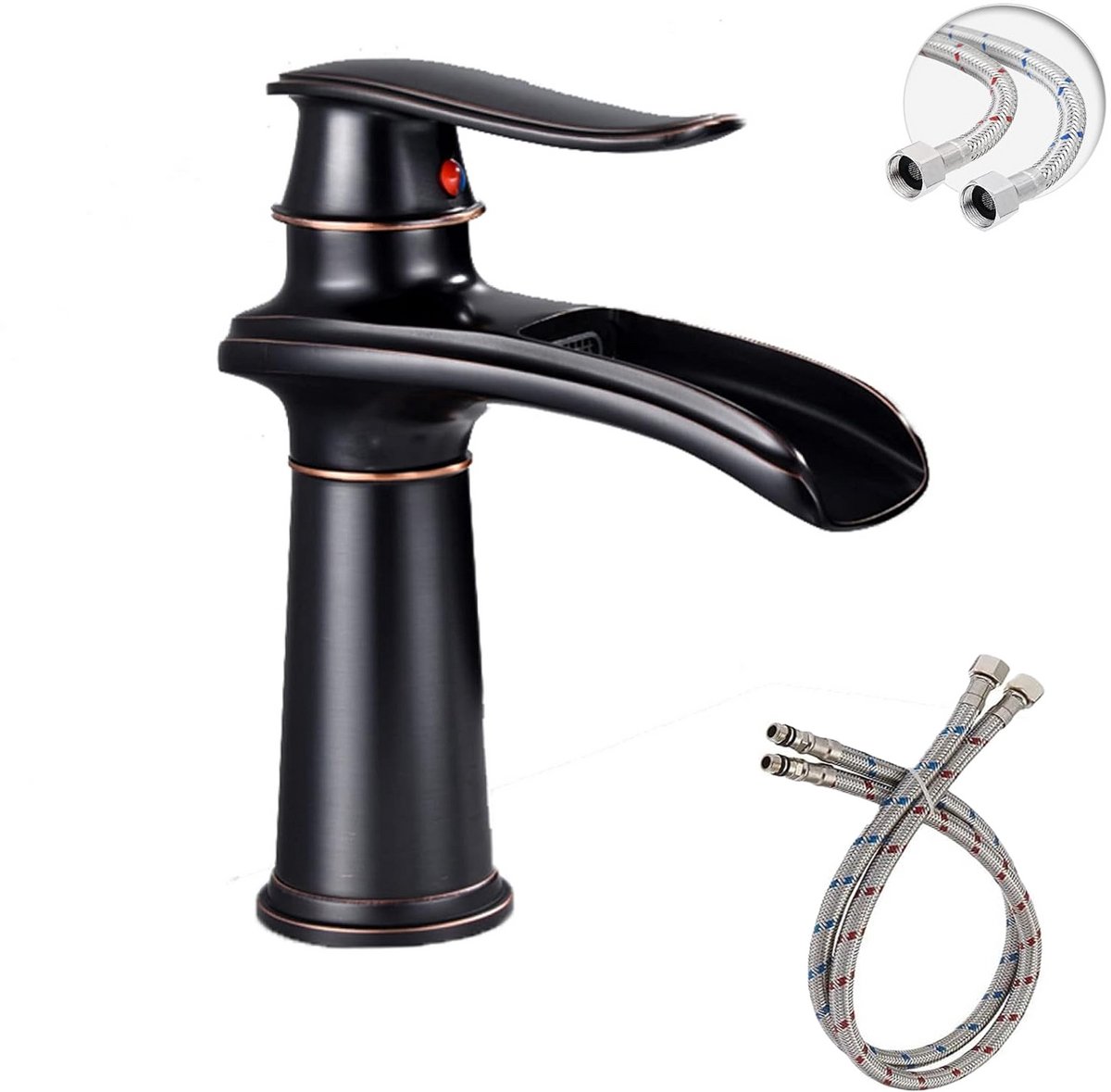 KZQ Waterkraan Badkamer Wastafelkraan Modern Badkamerkraan Wastafelmengkraan Waterval Badkamer Kraan Eengreepsmengkraan Warm En Koud Verstelbare Wastafelarmatuur - Laag Model - Zwart Geborsteld
