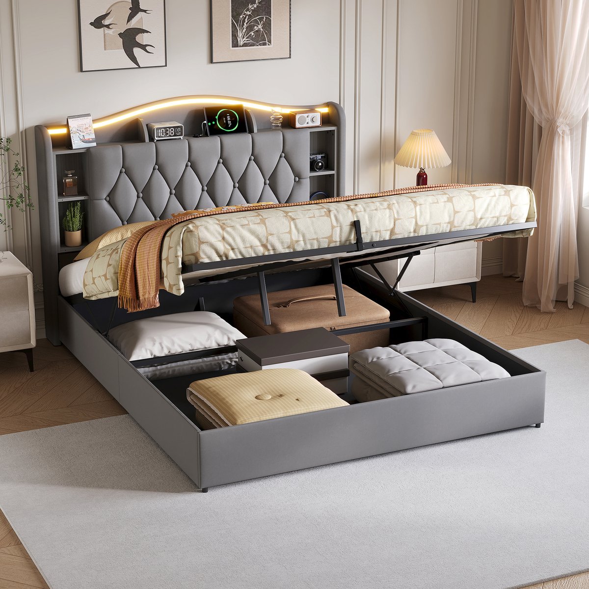 Gestoffeerd bed 160x200 cm met LED en USB, Tweepersoonsbed met hydraulische opbergruimte, Opbergbed bedframe met lattenbodem en hoofdbord,fluweel grijs, zonder matras