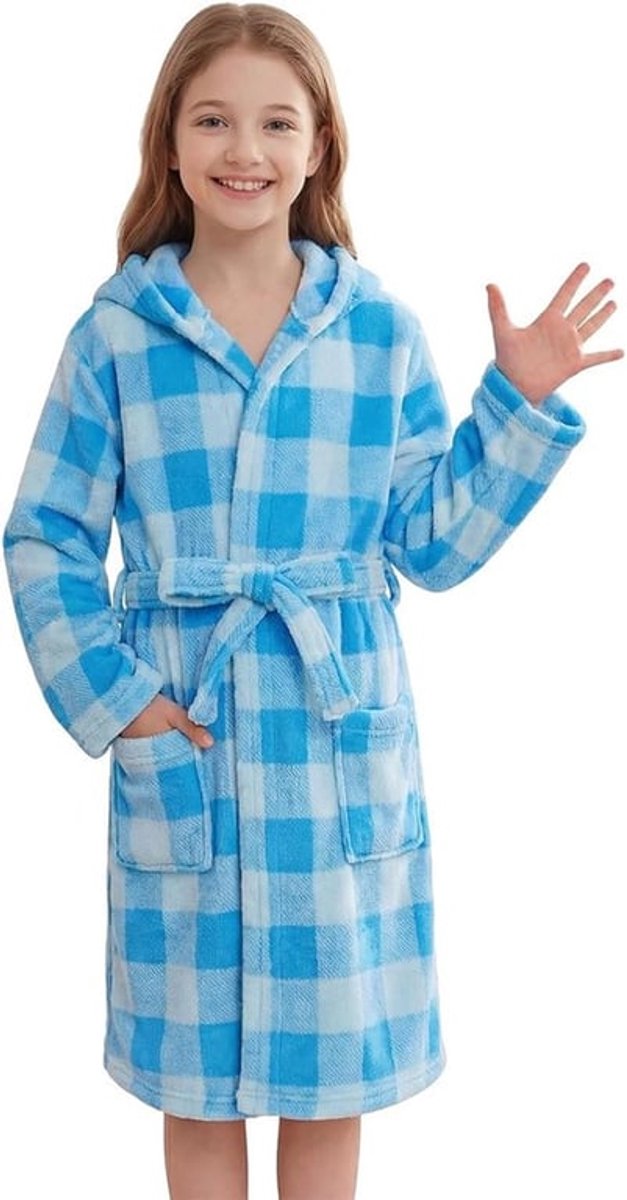 Zachte en Comfortabele Badjas voor Kinderen van 4-14 Jaar in Koraal Fleece met Capuchon en Ruitpatroon