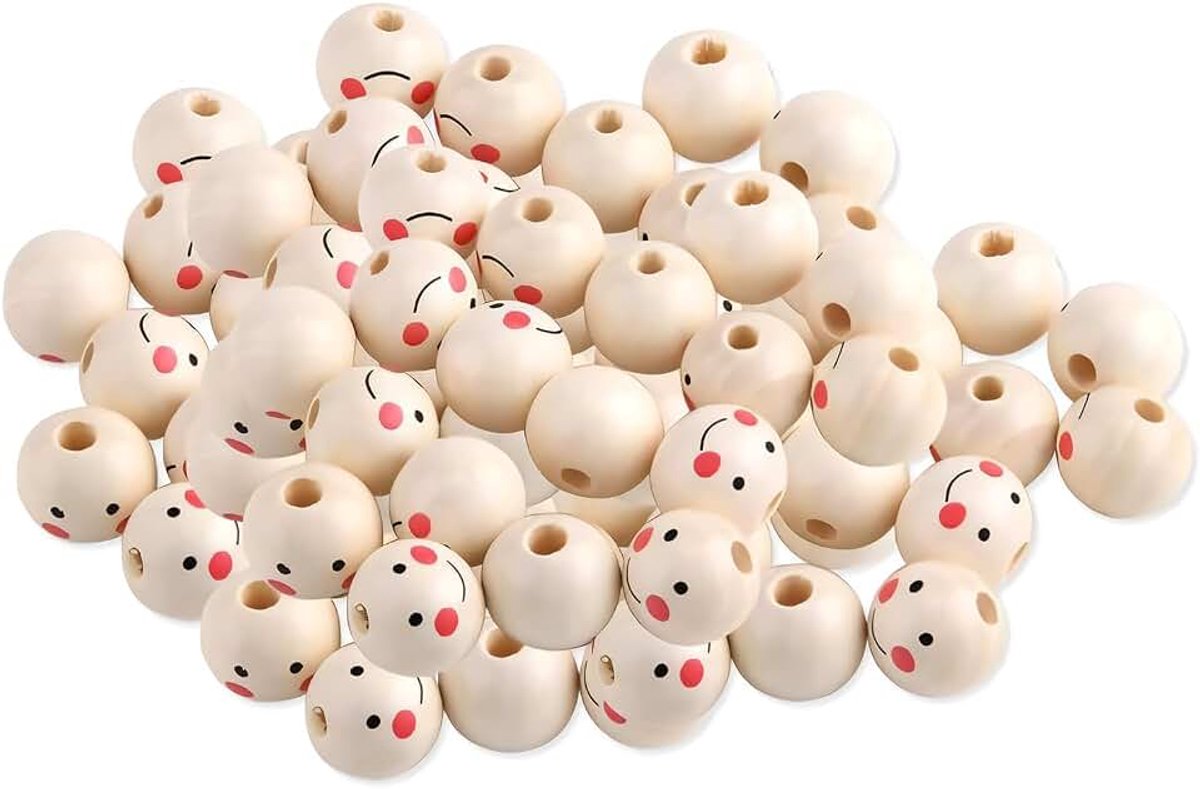 Kralen voor armbanden, 12 mm, van hout met smileys, doe-het-zelf armbanden voor meisjes, kralen met gat om te rijgen, macramé en halskettingen, cadeaus voor meisjes van 6 tot 8 jaar