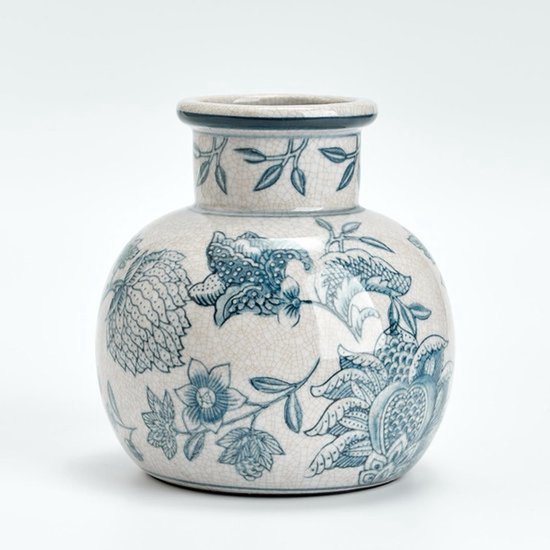 Vintage Blauw-Witte Vaasje van 16 cm | Keramische Chinoiserie Bloemen | Retro Porselein voor Tafel, Woonkamer en Badkamer Decoratie