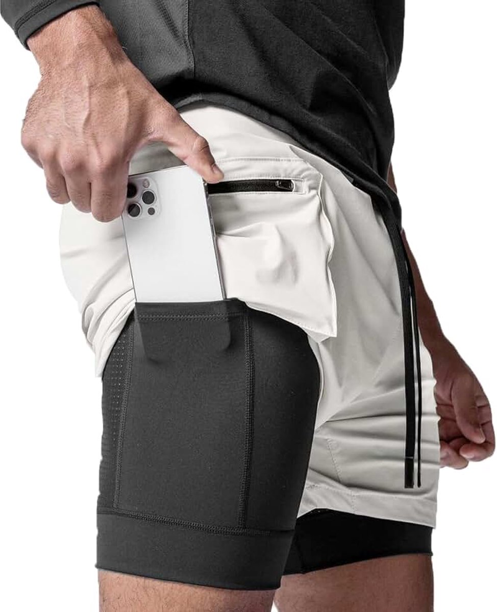 Shorts voor heren, 2-in-1, sport, training, fitness, joggen, snel voor joggen, tennis, fitness, training, hardlopen, met zijzakken met ritssluiting, handdoeklussen