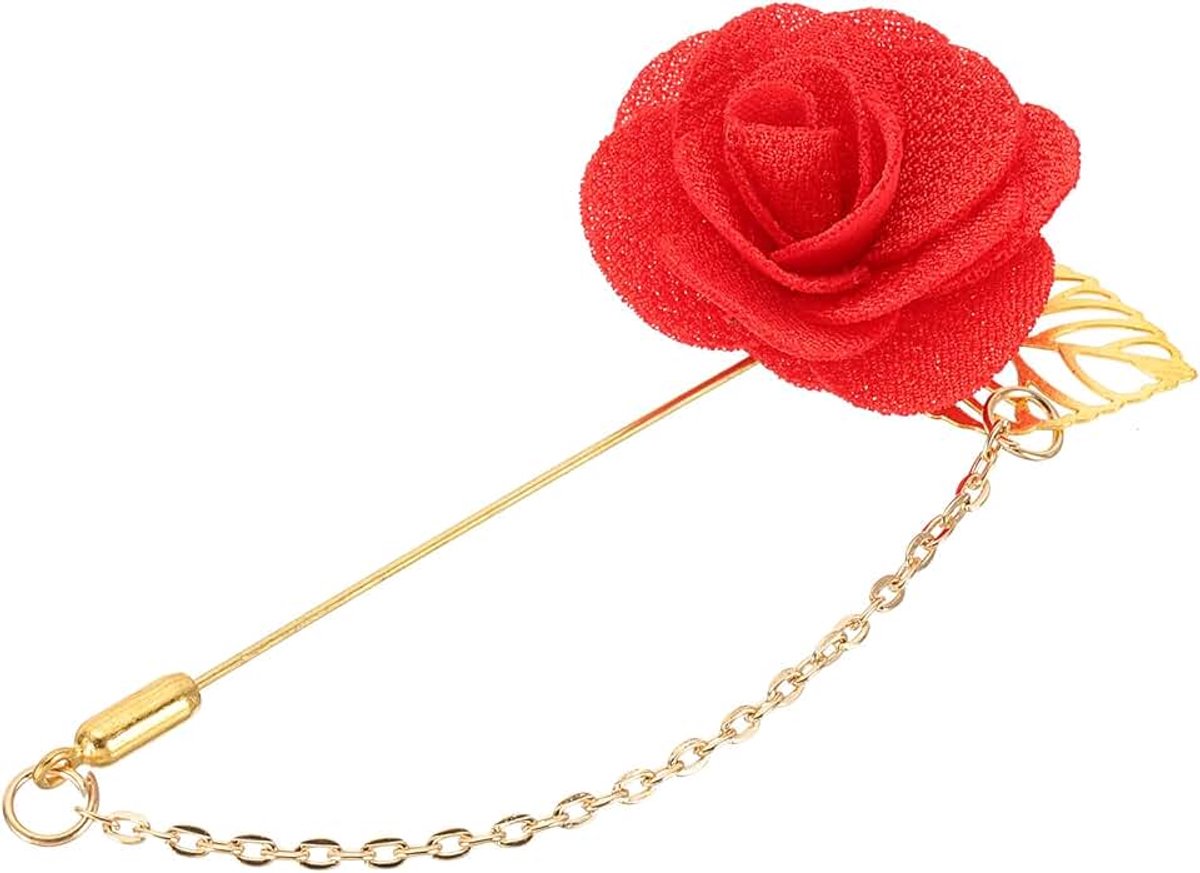 Bloem Revers Pin Broche met Gouden Blad Broche Satijn Kwastje Ketting Hangende Handgemaakte Boutonnier Pennen voor Kostuumkraag Bruiloftsfeest, Oranje