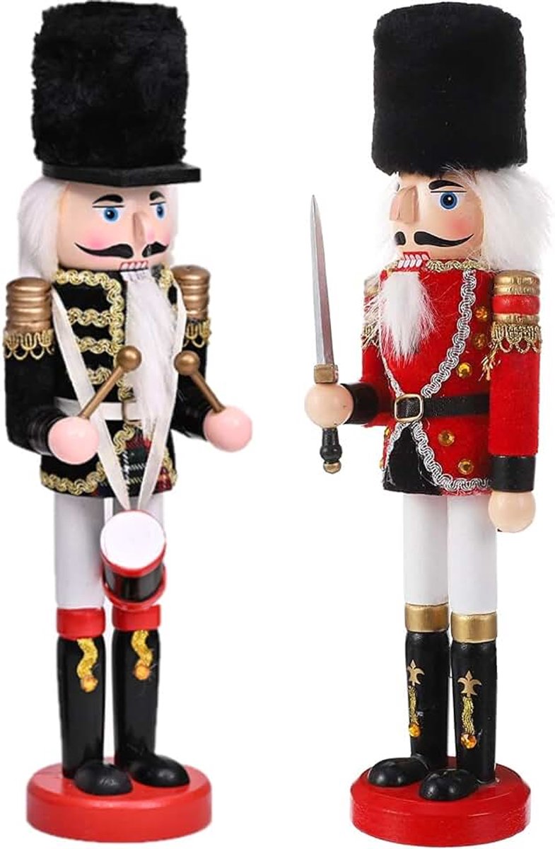2 stuks houten notenkraker soldaten, 2 stijlen 30 cm traditionele kerstnotenkraker figuren, premium dennenhout geschilderde soldaat voor thuis open haard kerstboom feestdecoratie (drum en