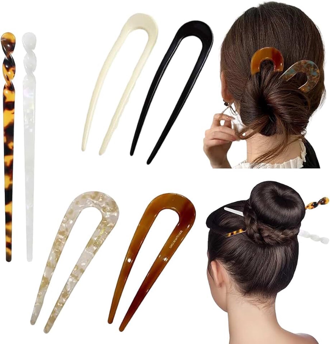 Haarspelden en U-vormige staafjes, acetaatclips, vintage haarklemmen, schildpad- en marmeren stijl, voor dames