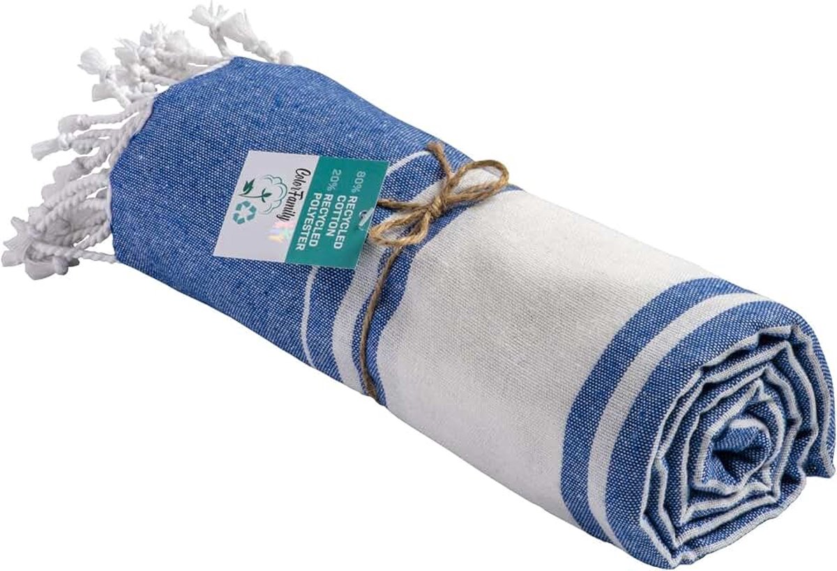 Strandlaken van gerecycled katoen, 170 x 90 cm, strandlaken met franjes, leuk cadeau-idee, blauw