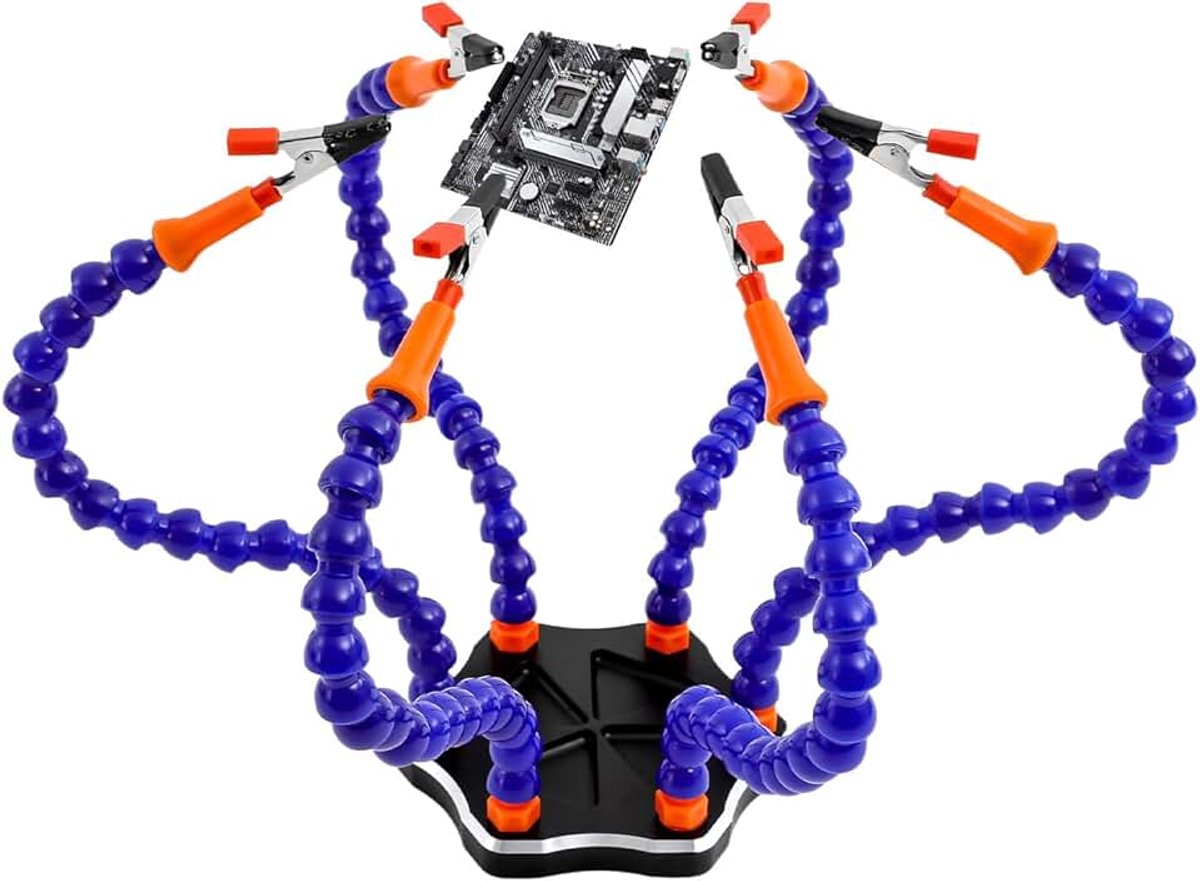 6 armen, derde hand, soldeerstation met veerklemmen en 6 flexibele zwanenhals armen voor elektronica-reparatie, modelbouw, hobby, flexibele helpende handen