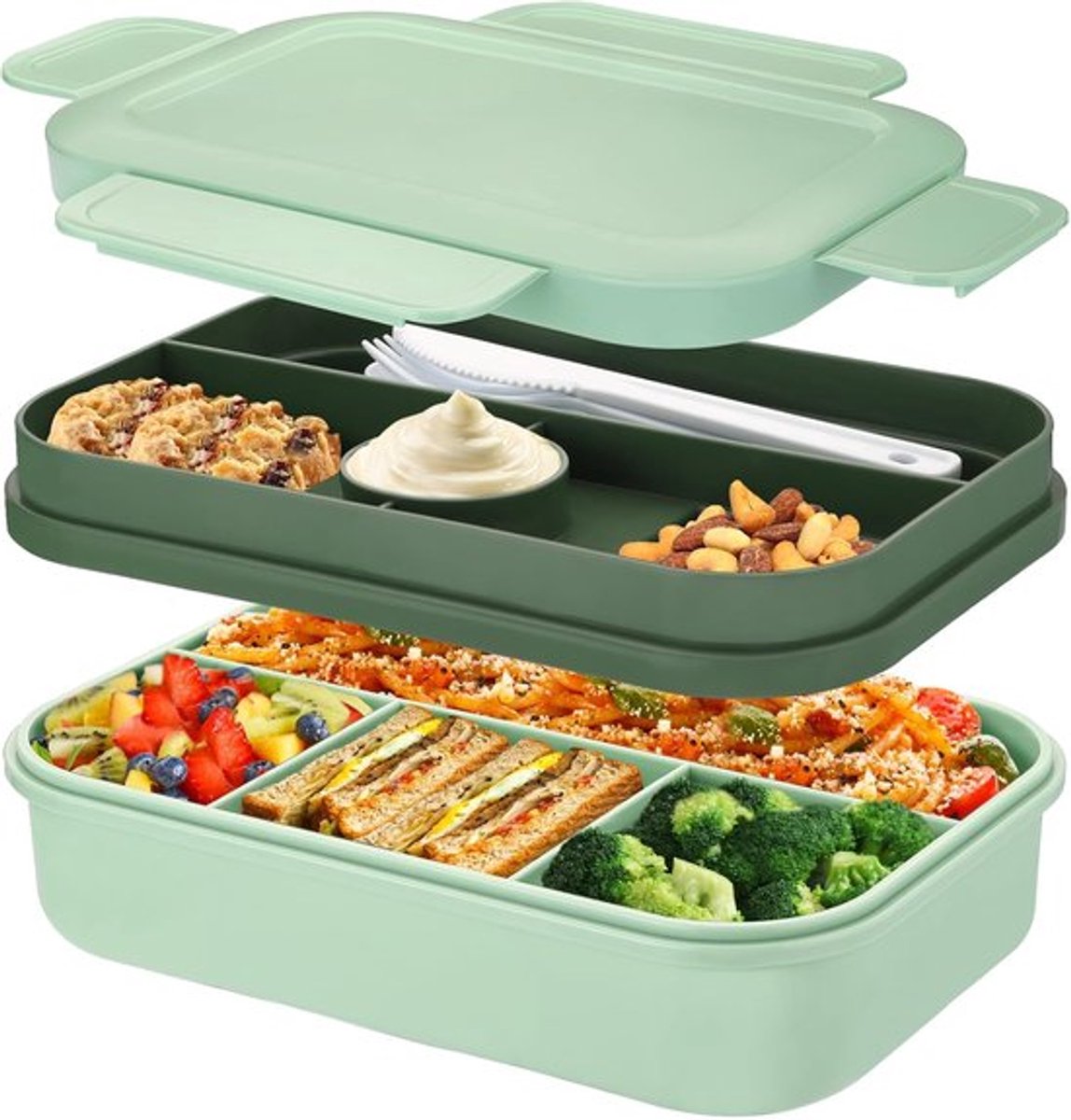 Lunchbox voor volwassenen, 2000 ml, lunchbox met compartimenten, bentobox, lunchbox met bestek, lunchbox, lunchbox, lekvrije voedselbox, snackbox, verdeler, ontbijtbox, lunchbox