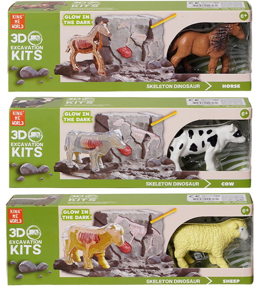 PIA Soft Toys - Speelfiguren - Boerderijdieren 3D opgravingsset glow-in-the-dark 3 ass. 10 cm x 3 cm x 5 cm