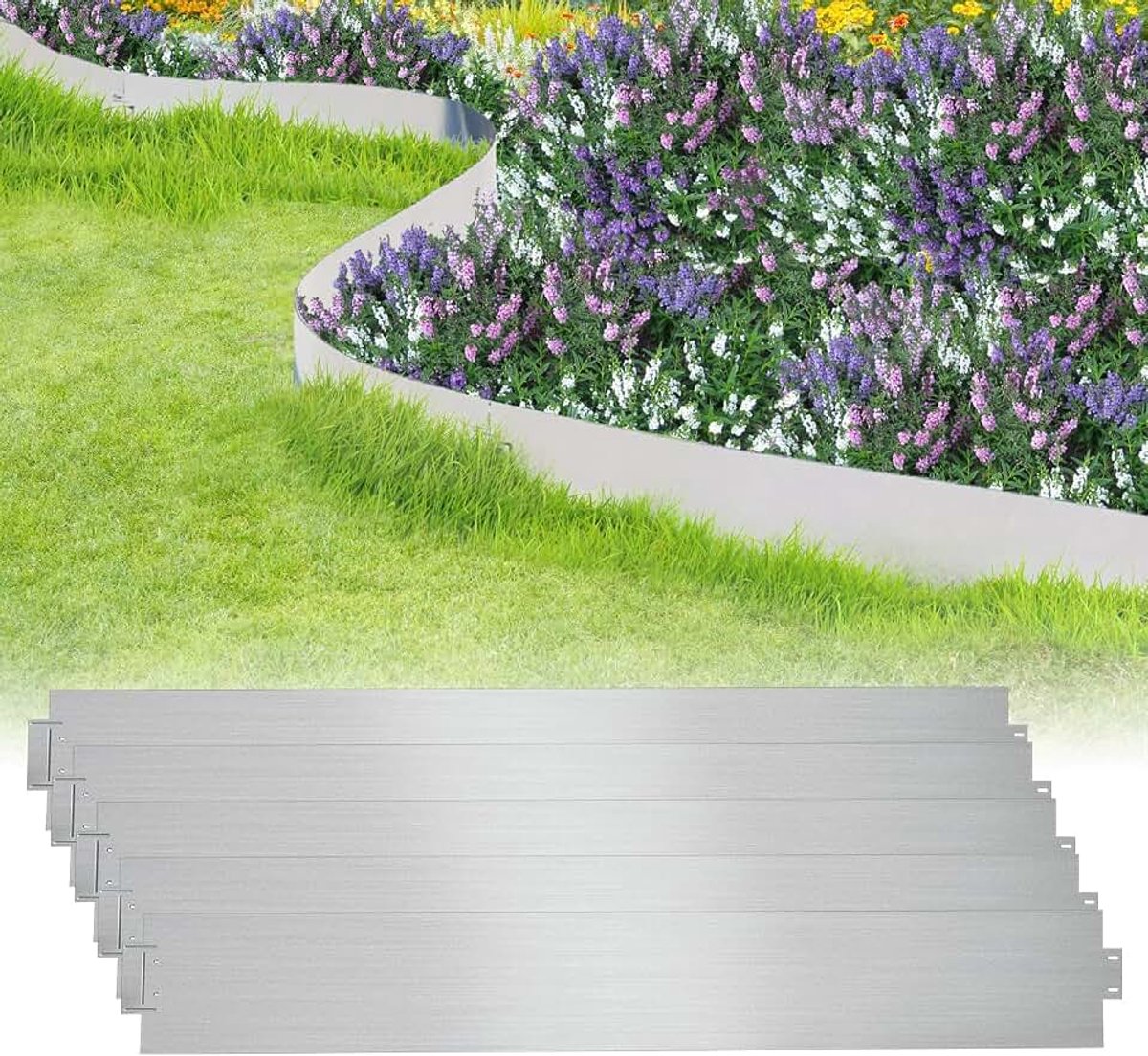 Gazonrand, metaal, bedomranding, 30 m x 18 cm (L x h), verzinkte maaierrand, zilver bloembedomranding, verschillende lengtes verkrijgbaar, 5m, 10m, 15m, 20m, 25m, 30m, 35m, 40m, 45m, 50m