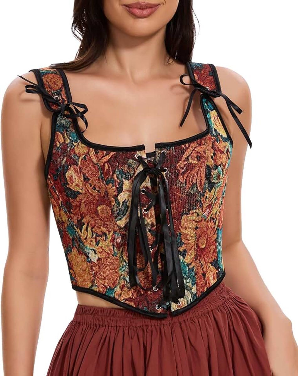 Korset voor dames, renaissance, corsage top met bandjes, bloemenprint, korset, vest
