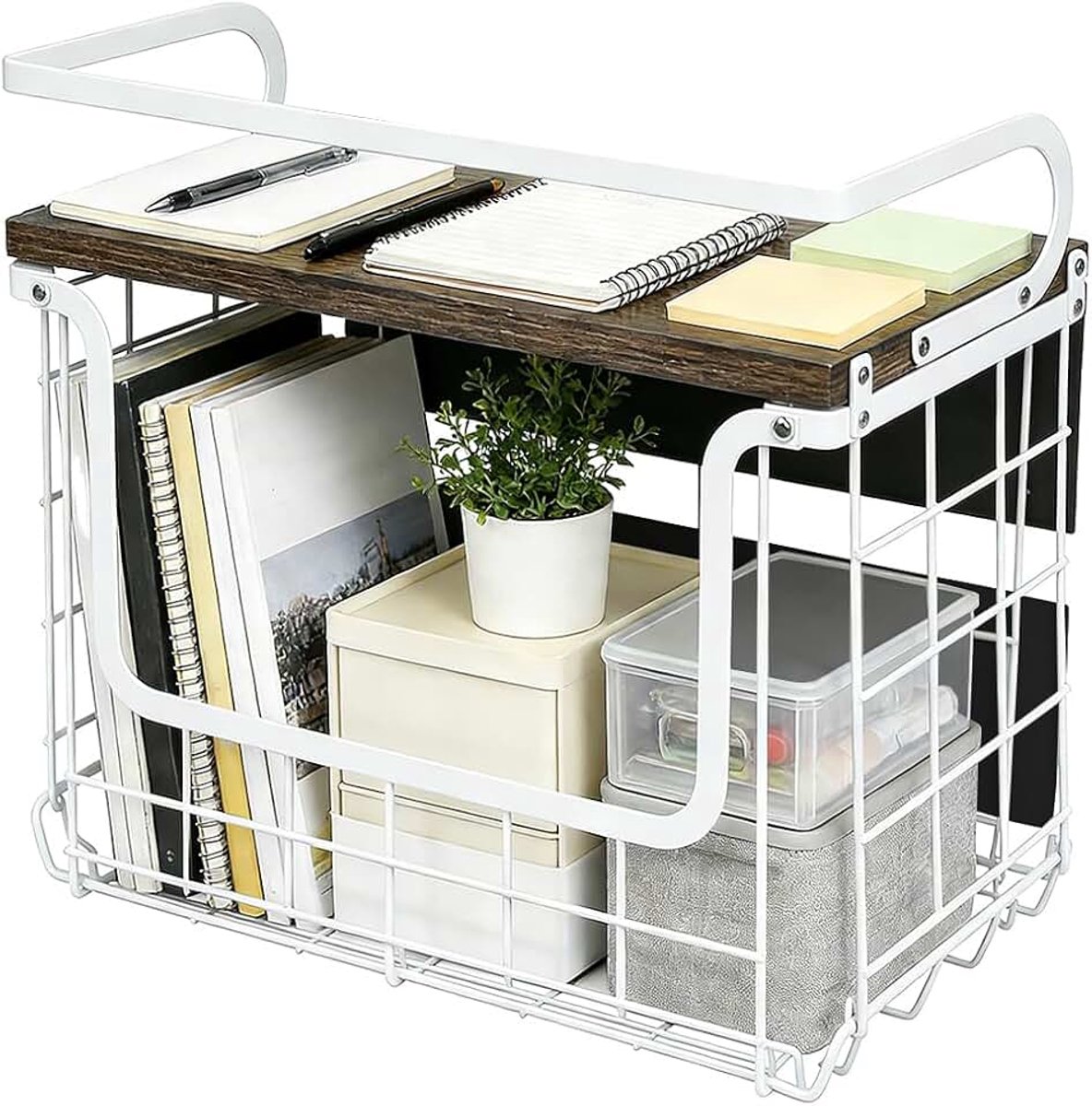 Hangende fruitmand, wandfruitmand, fruitmand voor de keuken, met houten deksel, voor het bewaren van groenten en fruit, 30,5 x 16 x 26 cm (1 stuk) wit