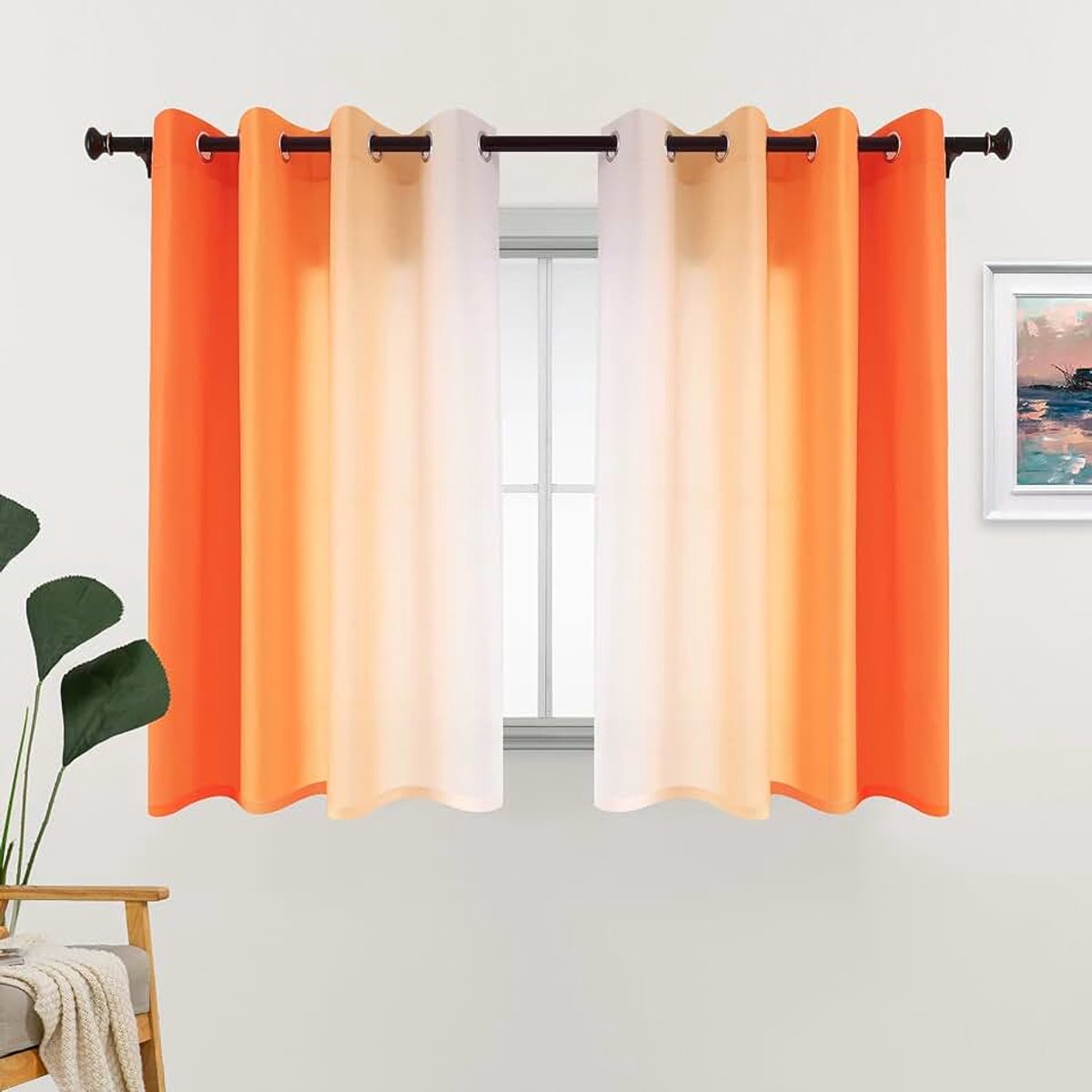 Gordijnen, kort, inkijkbescherming, lichtdoorlatend, gordijn met kleurverloop, met ogen, voor slaapkamer en woonkamer, set van 2, privacy, 140 x 145 cm, kort, dun