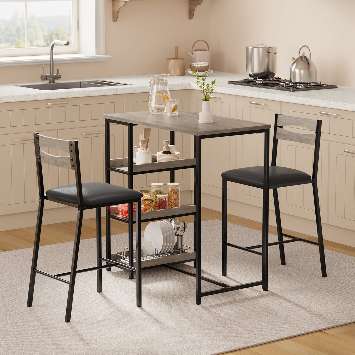 Eettafel Set 3-Delig - 91.5x50x91.5cm - Eettafel Met 2 Stoelen - Bartafel Counter Height met 3 Lagen Opbergplanken - Ruimtebesparend - Voor Appartement En Eetkamer - Grijs