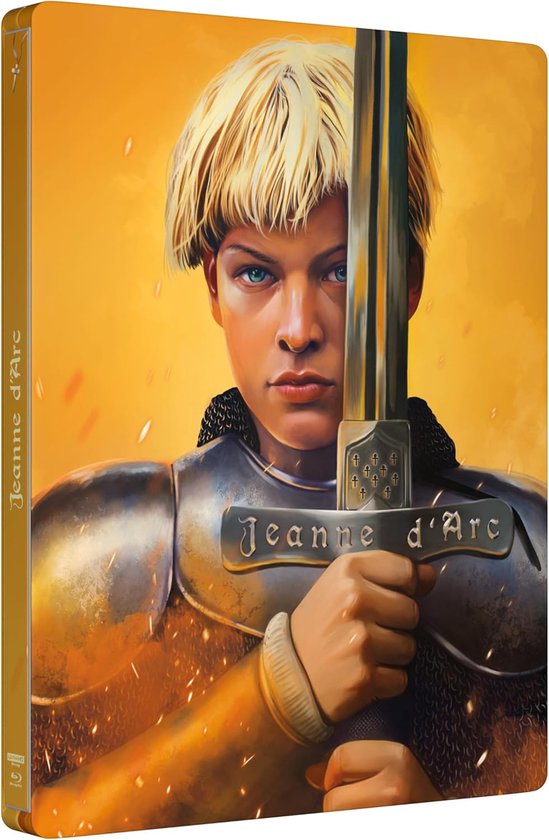 Illustratie van Jeanne d'Arc in harnas, met haar zwaard, tegen een oranje achtergrond.