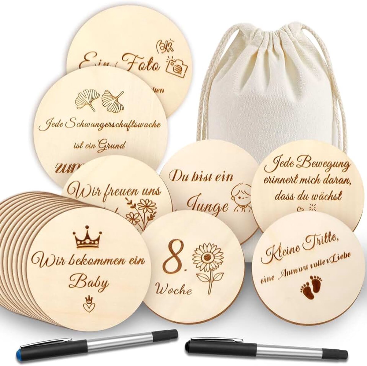 40 mijlpaalkaarten, zwangerschapshout, dubbelzijdig bedrukt, ronde houten schijven Ø 10 cm, incl. stoffen zak en 2 pennen, babybuik mijlpalen cadeau voor zwangere vrouwen en aanstaande moeders