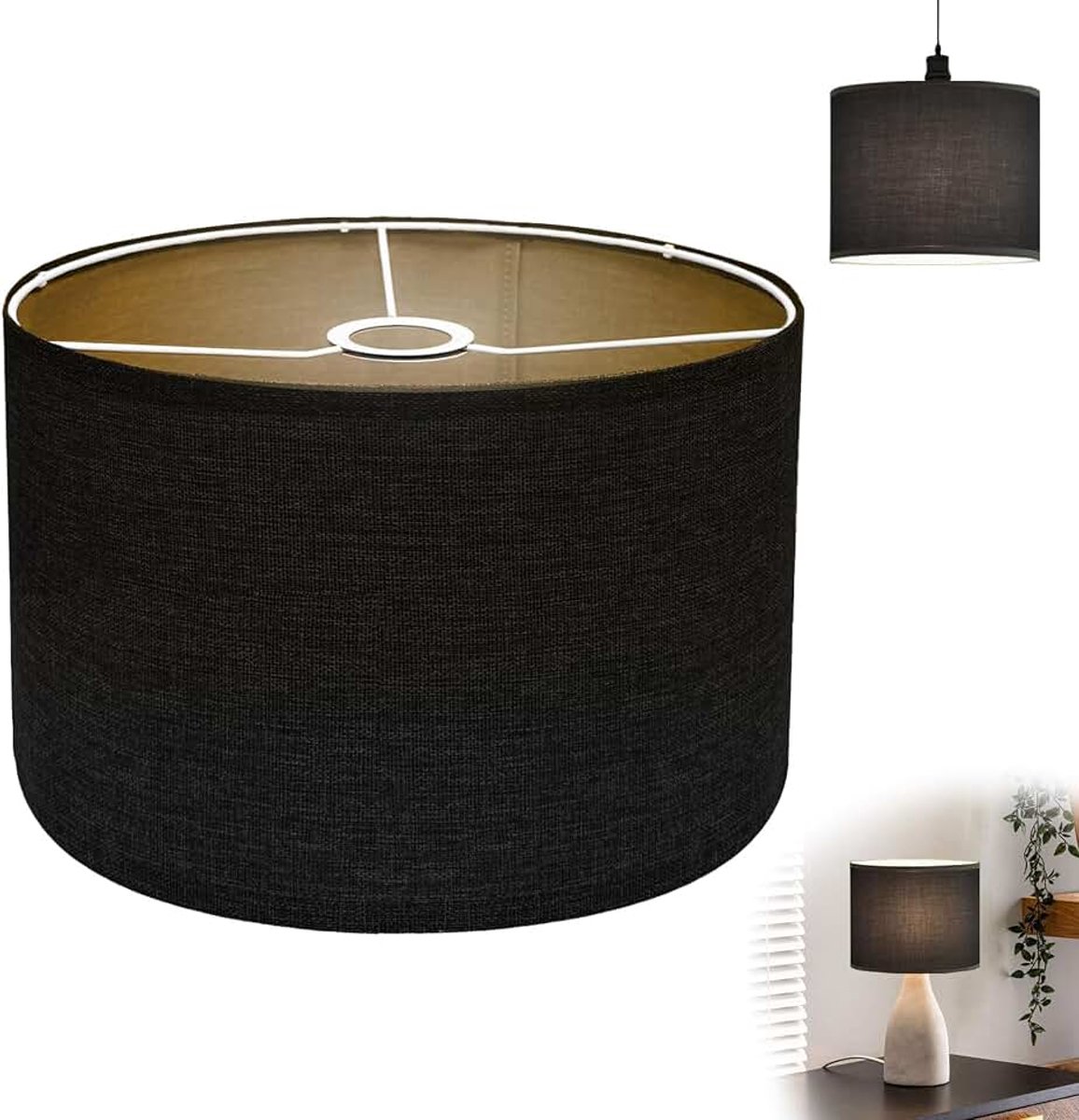 Lampenkap van linnen, lampenkap staande lamp cilindrisch, handgemaakte voor hanglamp tafellamp wandlamp bedlampje, staande lamp, Ø30cm x H 20cm (zwart)
