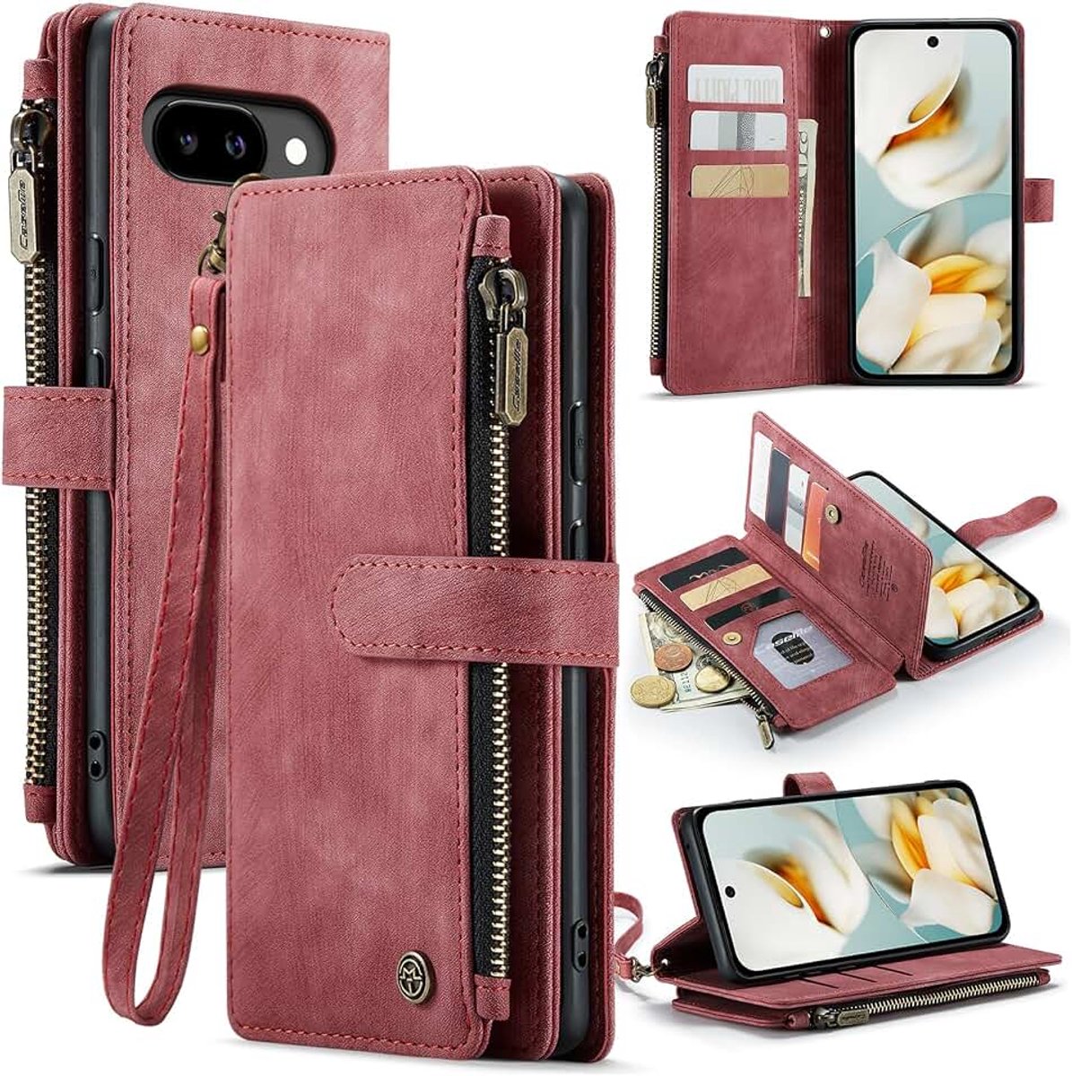 Hoes, compatibel met Google Pixel 9a, portemonneehoes met ritssluiting, kaartenvak en polsband, rood