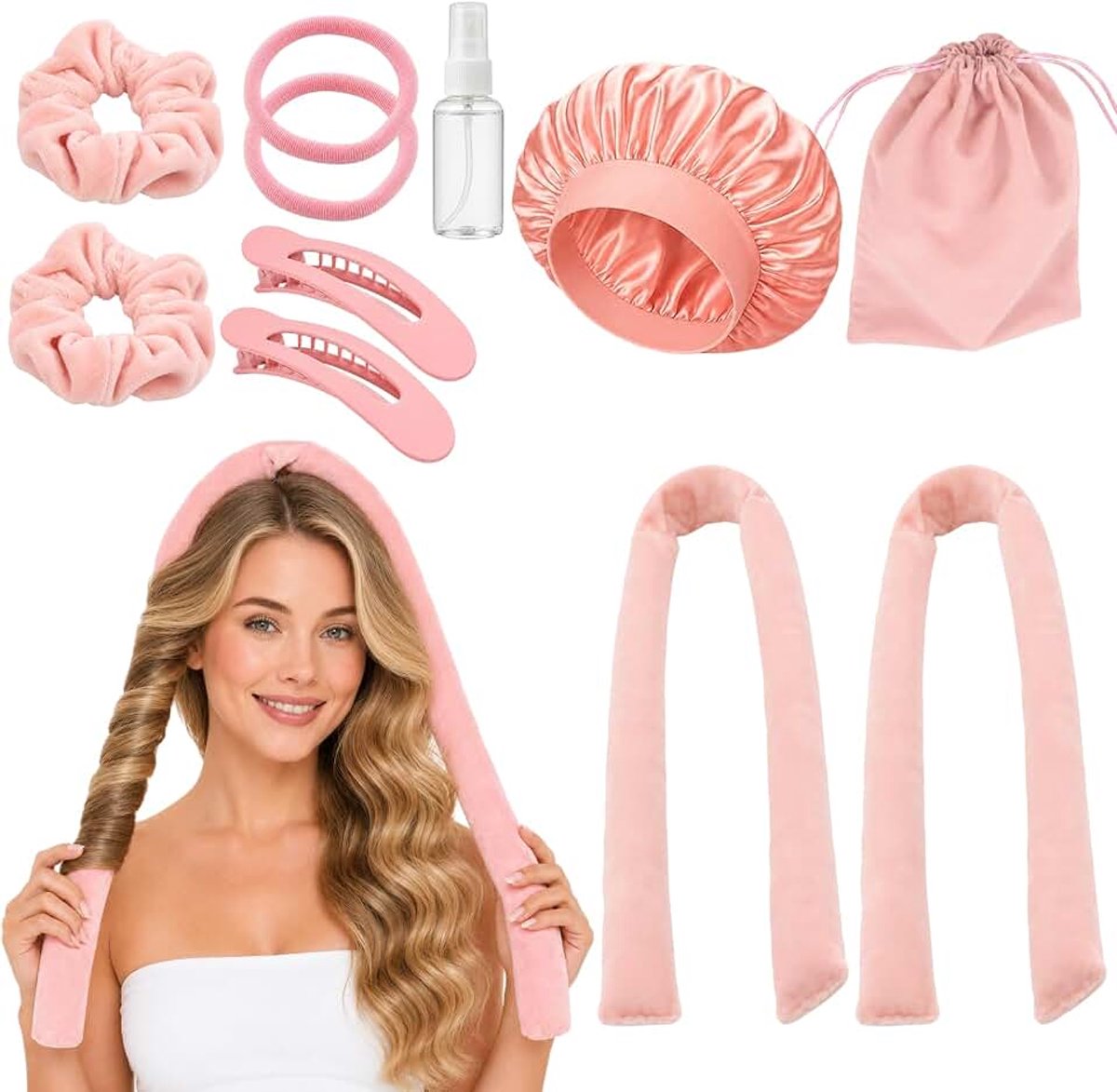 11 stuks Heatless Curls Set met 2 maten, Overnight Curls met scrunchies en haarclip, antislip haarkrulspelden, krulspelden zonder hitte, krullen 's nachts voor lange, middellange lengte (roze)